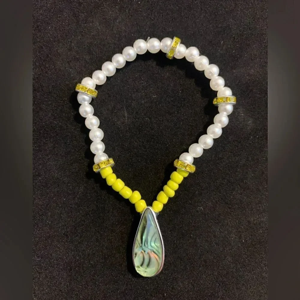 Handmade yellow white beaded stretch charm bracelet